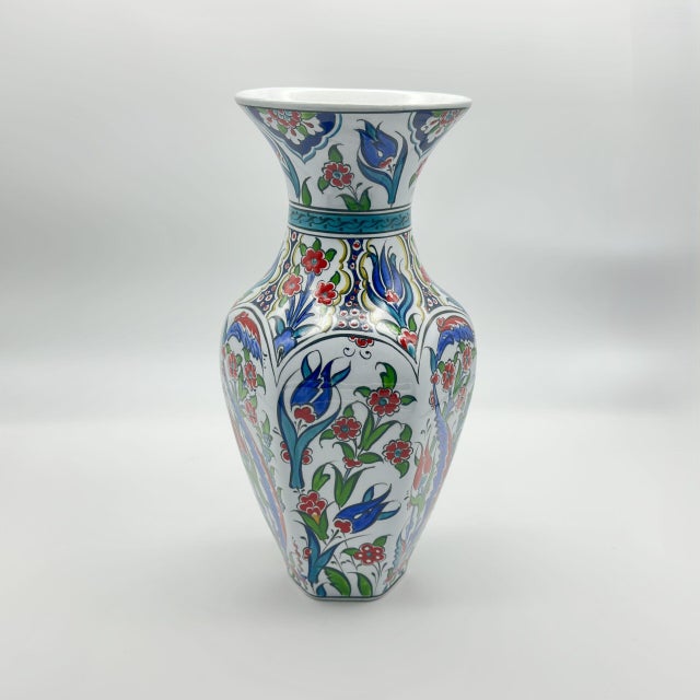 Ceramic Handmade Ceramic Hexagonal Vase (25cm) – Ottoman “Saz” Style Leaves – Faceted Body & Turquoise Accents For Sale - Image 7 of 8