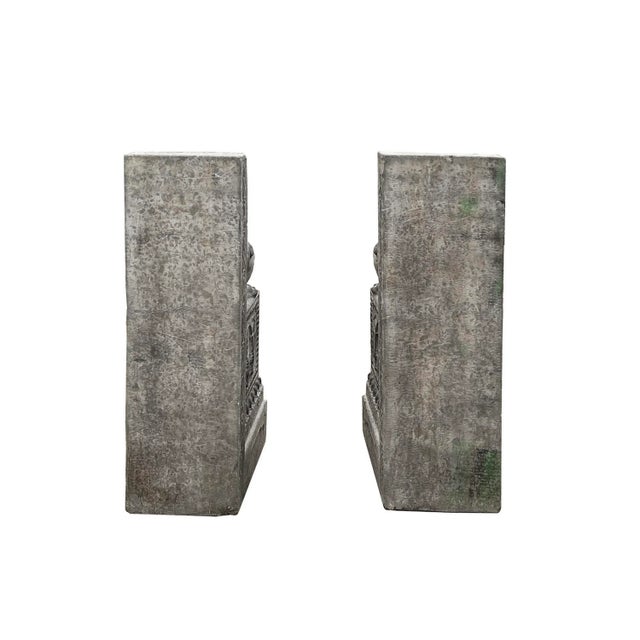 2020s Chinese Pair Gray Stone Fengshui Foo Dogs Lions Door Block Statue For Sale - Image 5 of 9