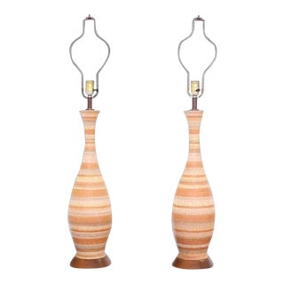 Vase Shape Art Pottery Table Lamps Turned Walnut Bases - a Pair For Sale