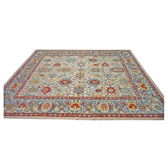 Islamic Afghan Sultanabad Wool 13x16 Ivory, Red & Light Blue Handmade Area Rug #1143763 For Sale - Image 3 of 11