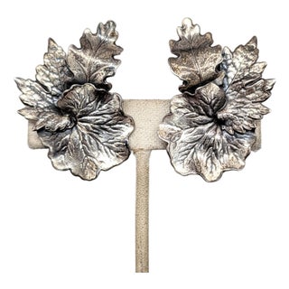 Vintage 1950s Signed Napier Silvertone Leaves Clip Earrings-2 Pieces For Sale