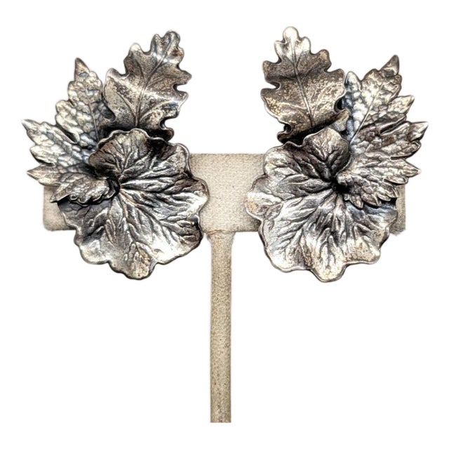 Vintage 1950s Signed Napier Silvertone Leaves Clip Earrings-2 Pieces For Sale
