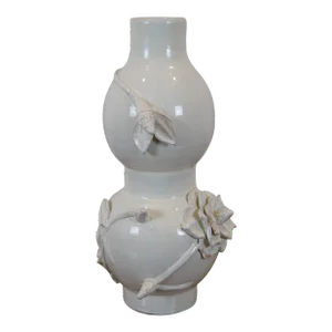 Late 20th Century Global Views Ceramic Lotus Double Gourd Vase Blanc De Chine White Floral Italy