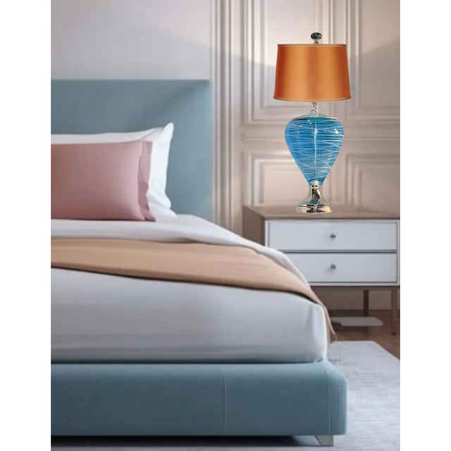 Aqua Art Glass Aqua Blue White Swirl Table Lamp For Sale - Image 8 of 18