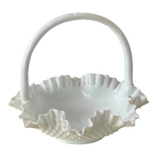 Gorgeous Antque Milk Glass Hobnail Basket / Vase /Planter With Handle For Sale