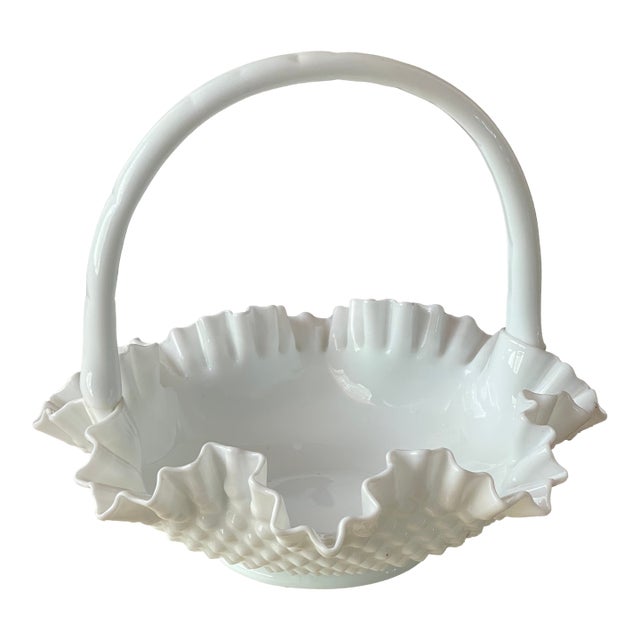 Gorgeous Antque Milk Glass Hobnail Basket / Vase /Planter With Handle For Sale