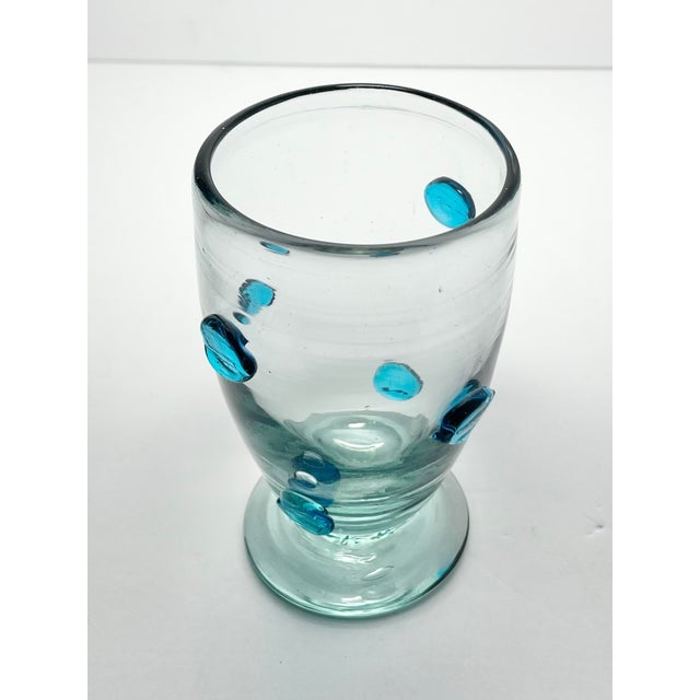 2000 - 2009 Mexican Aqua Blue Confetti Raised Pebble Mexican Blown Footed Tumbler Glasses - 6 pcs For Sale - Image 5 of 7