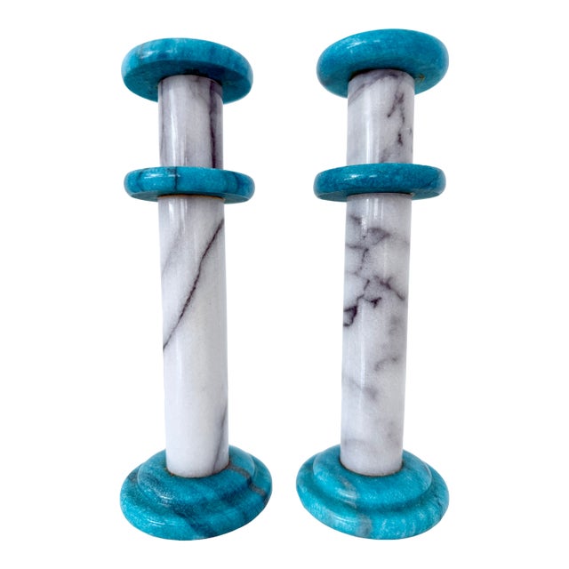 Pair of Postmodern Gray & Turquoise Marble Candlesticks For Sale
