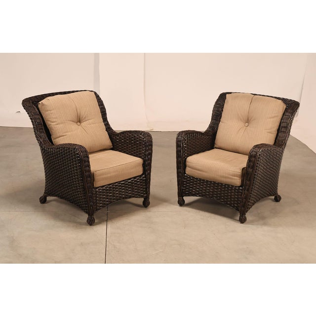 High Quality American Made Pair of Outdoor Wicker Lounge Chairs with Sunbrella Upholstered Cushions