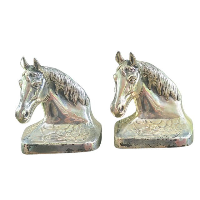 Vintage Decorative Equestrian Horse Head Silvered Metal Bookends Marked Pmc88- Set of 2 For Sale - Image 10 of 10
