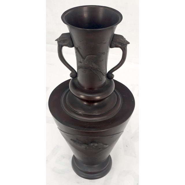 Early 20th Century Large Brass or Bronze Asian Two Handles Vase Urn Birds Motif Reliefs Clean! For Sale - Image 6 of 12
