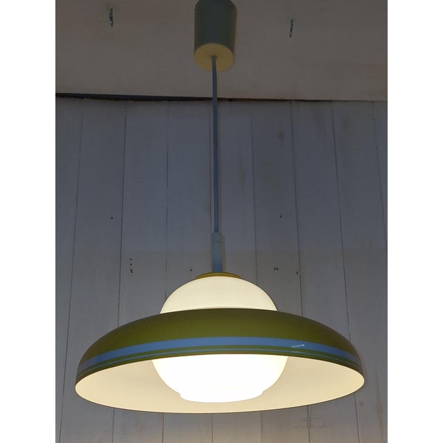 Vintage Hanging Lamp with White Glass Shade and Yellow-White Metal Shade by Doria, 1970s For Sale - Image 9 of 11