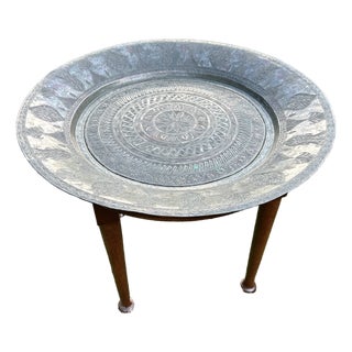 Mid-Century 25" Persian Tinned Copper Shallow Basin Tray Table on Wood Stand 28” For Sale