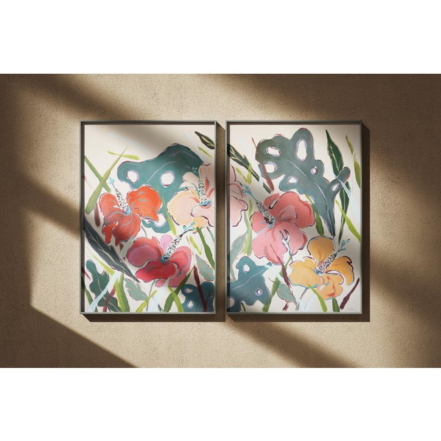 2020s 2026, Illustration Style Diptych of Hibiscus Oasis, Tropical Painting on Watercolor Paper by Romina Milano For Sale - Image 5 of 10