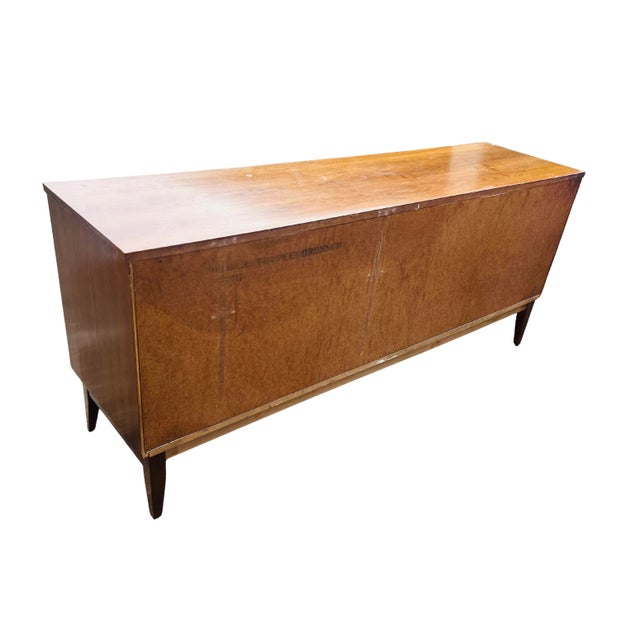 Brown Vintage Mid-Century Modern Walnut 7-Drawer Lowboy Dresser by Dixie Furniture – 1960s MCM Long Dresser With Sculptural Hardware & Tapered Legs For Sale - Image 8 of 14