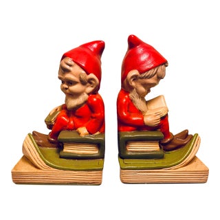 Figurative Plaster Gnome Bookends - a Pair For Sale