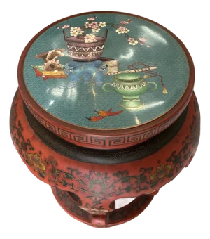Chinese Cloisonne Stool Stand Enamel Top Floral Flowers