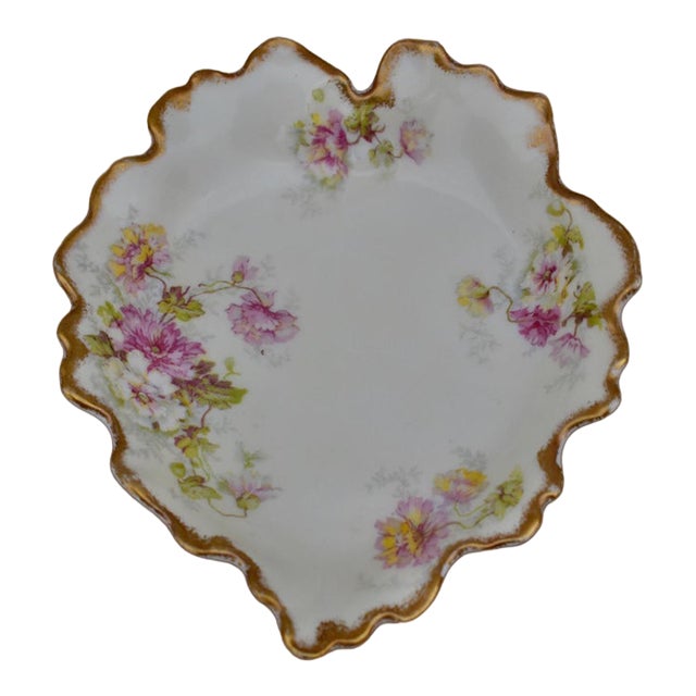 Antique Limoges Trinket Dish Elite Works France Porcelain Floral Leaf Shape Gilt For Sale