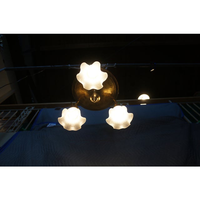 Antique Victorian Brass Ruffled Glass 3 Light Parlor Pendant Light Chandelier For Sale - Image 13 of 13