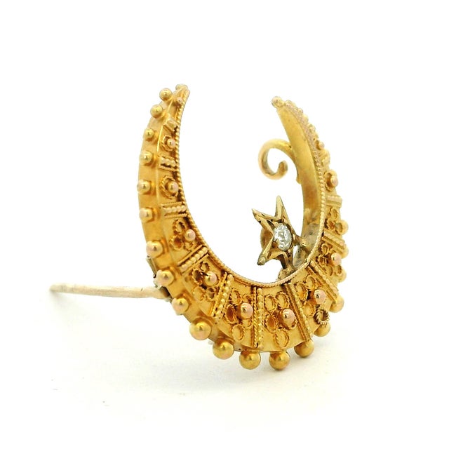Late 19th Century Victorian 15k Gold Diamond Crescent Moon and Star Brooch For Sale - Image 4 of 13
