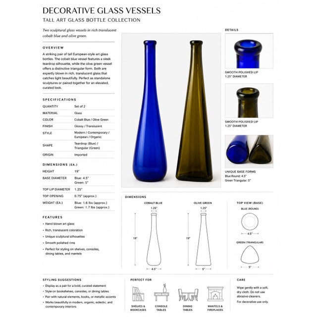 Pair of Tall Sculptural Art Glass Bottles in Cobalt Blue & Olive Green A striking pair of tall sculptural art glass...