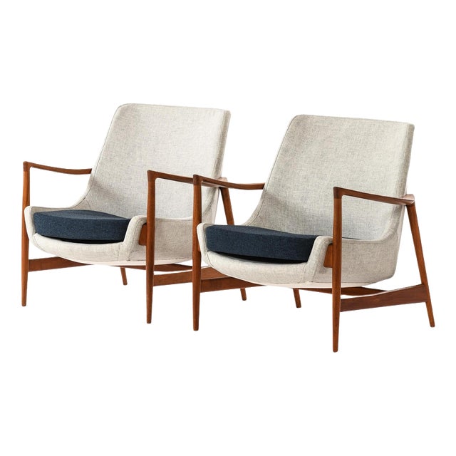Easy Chairs in Wool and Teak attributed to Ib Kofod-Larsen, 1950s, Set of 2 For Sale