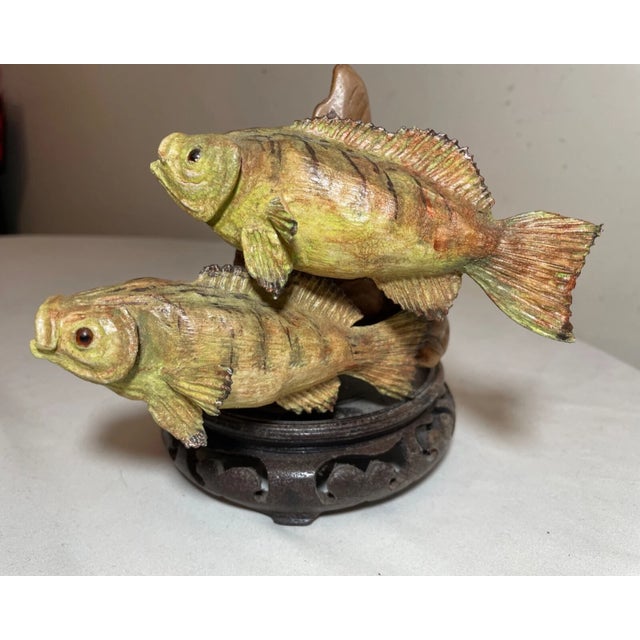 Wood Vintage Hand Carved Painted Wood Burl Fish Two Bass Sculpture Statue Figure Art For Sale - Image 7 of 11