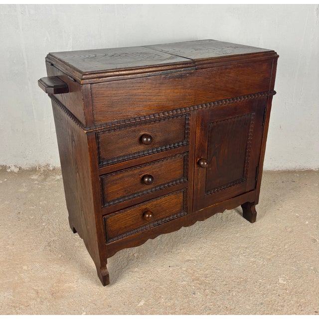 Spanish Oak Sewing Cabinet With Fabric Basket, Early 20th Century For Sale - Image 6 of 18
