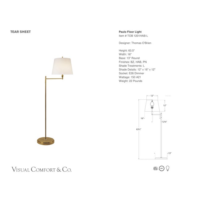 Thomas O'Brien by Visual Comfort Signature Paulo Floor Light in Hand-Rubbed Antique Brass with Linen Shade Designer:...