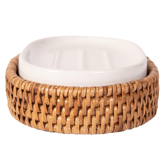 2020s Artifacts Rattan Oval Soap Dish with Ceramic Insert, Honey Brown For Sale - Image 5 of 5
