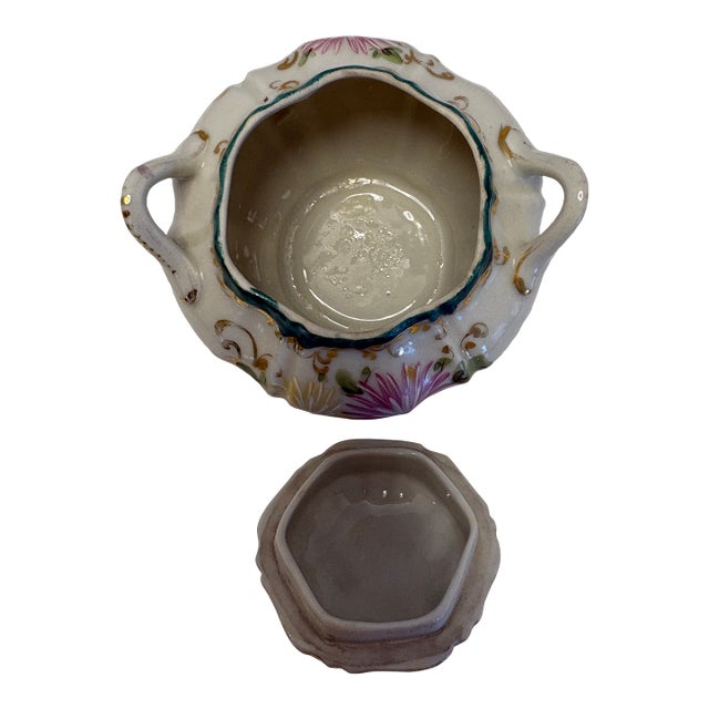 Antique European Hand-Painted Porcelain Covered Sugar Bowl With Floral Gilt, C. 1900 For Sale