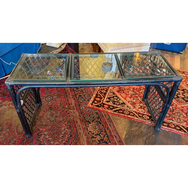 Mid-Century Modern 1980s Black Painted Rattan Console Table or Desk With Glass Top Inserts For Sale - Image 3 of 9