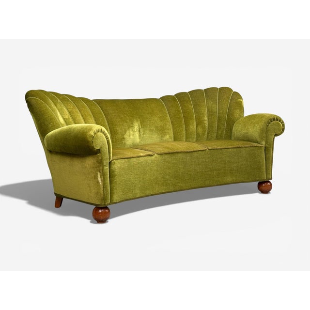 Mid-Century Modern Swedish Modern, Sofa, Green Velvet, Elm, Sweden, 1940s For Sale - Image 3 of 11