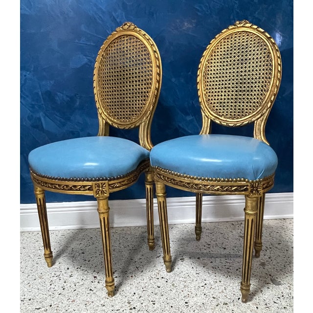 French Mid 18th Century French Louis XVI Giltwood Chairs With Italian Blue Leather & Cane Backs — Pair For Sale - Image 3 of 11