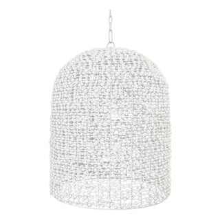 Matthew Izzo Home Arleigh Elongated Dome, Bell Shaped White Wash Wood Bead Pendant Light For Sale