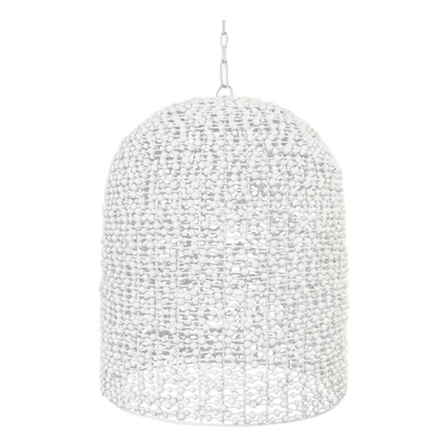 Matthew Izzo Home Arleigh Elongated Dome, Bell Shaped White Wash Wood Bead Pendant Light For Sale
