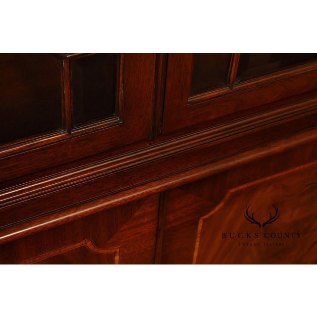 Karges English Style Mahogany Breakfront China Cabinet Display Bookcase with Carved Pediment and Silk Backing For Sale - Image 11 of 18