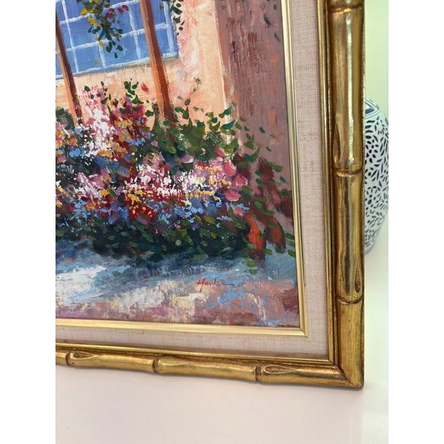 Wood Vintage Framed Cottage Garden Entry Oil Painting With Gold Bamboo Frame For Sale - Image 7 of 10