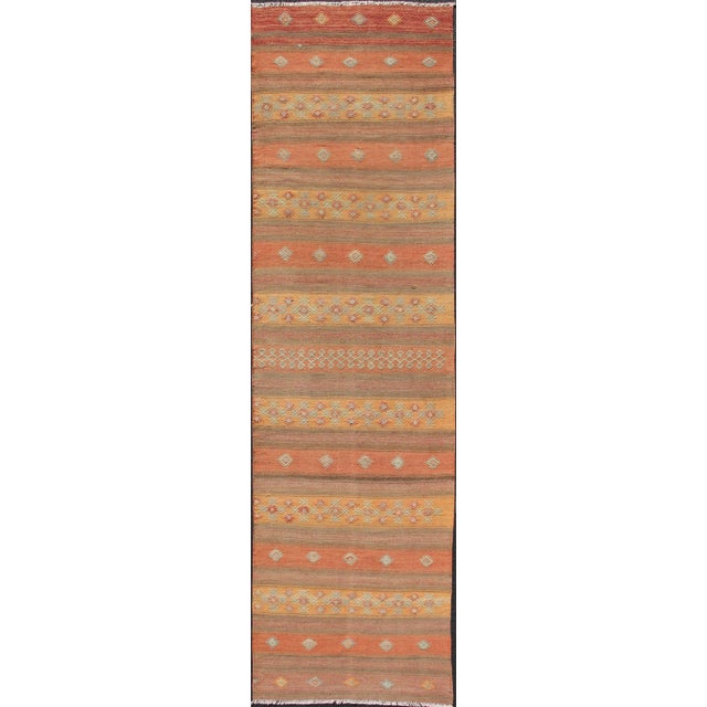 Vintage Hand Woven Turkish Kilim Colorful Stripe Runner With Tribal Motifs For Sale - Image 12 of 12