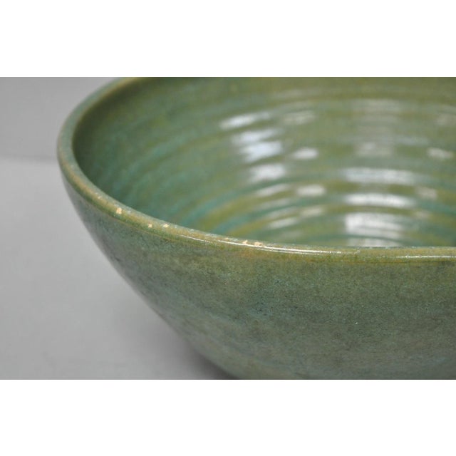 Vintage Primitive Green Glazed Ceramic Pottery Large Mixing Bowl W Handle For Sale - Image 13 of 18
