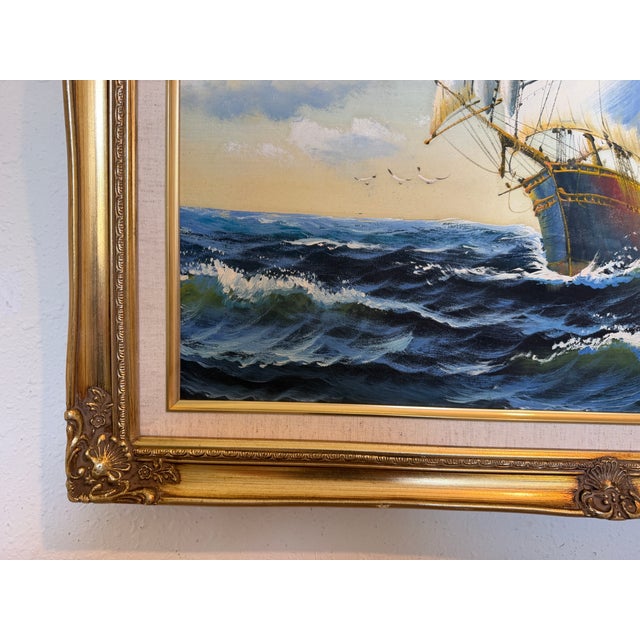 Oil Painting Sailing Ship Seascape Signed Maritime Art Ocean Waves Nautical For Sale - Image 4 of 9