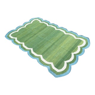Handmade Cotton Area Rug, Flat Weave Moss Green Scalloped Dhurrie Teal Blue Border - 8'x10' For Sale