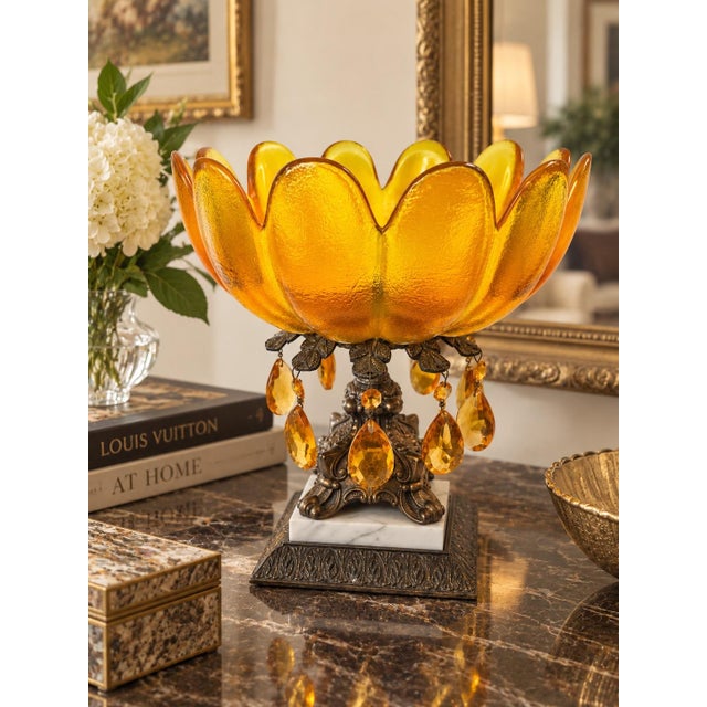 Striking vintage Hollywood Regency centerpiece featuring a substantial amber glass bowl with a dramatic sculptural petal-...