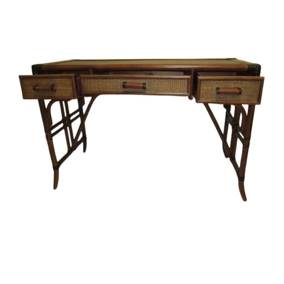 1990s Tommy Bahama Style Bamboo Wicker Desk 3 Drawer Dark Tone For Sale In Naples, FL - Image 6 of 7
