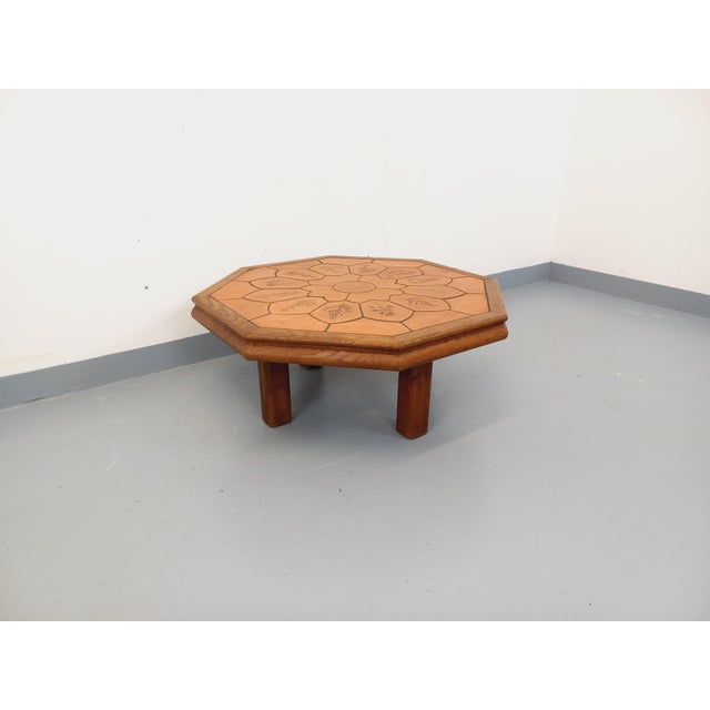 Octagonal Oak Coffee Table from Barrois with Vallauris Ceramic Herbarium Top, 1960s For Sale - Image 17 of 17
