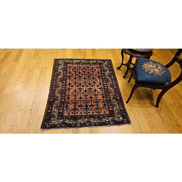 1900 - 1909 Antique Persian Malayer Area Rug, Hand-Knotted Wool, Geometric Pattern, 4x5, Red & Navy For Sale - Image 5 of 16