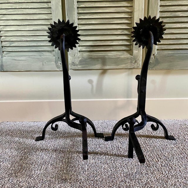 Iron and Brass Sunflower Andirons - A Pair For Sale - Image 11 of 18