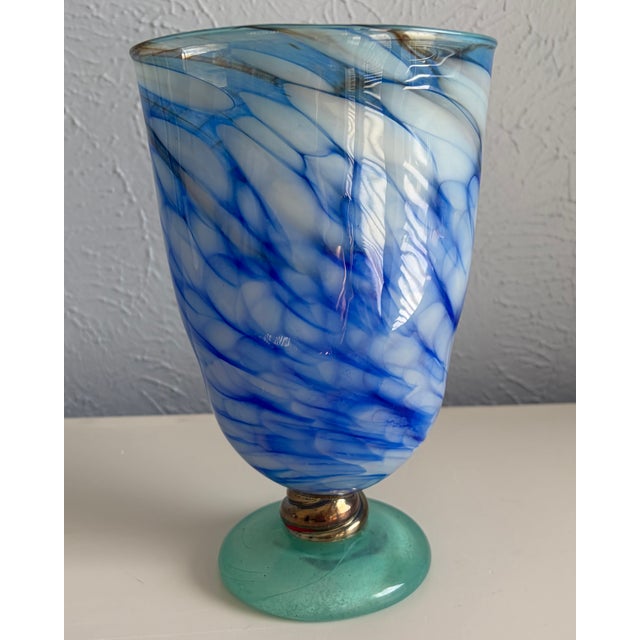 Blue & White Swirl Handmade Art Glass Vase For Sale - Image 4 of 8