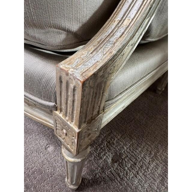 French Pair of Louis XVI Style Hand-Painted Armchairs in Silk Upholstery For Sale - Image 3 of 6