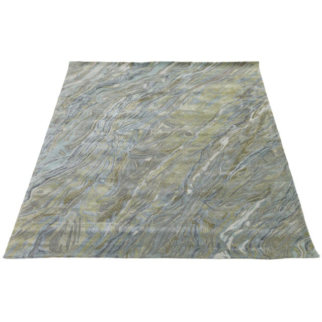 Textile Modern Abstract Rug – Hand-Tufted Wool & Viscose – Blue, Gold, and Grey For Sale - Image 7 of 10